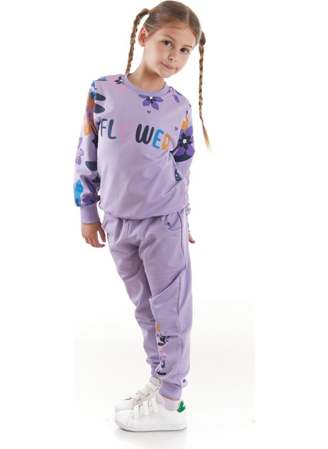 Ahengim - Girls Tracksuit Flower Printed Bottom Top Two Piece Set Cotton Seasonal AK2505 - Image 1