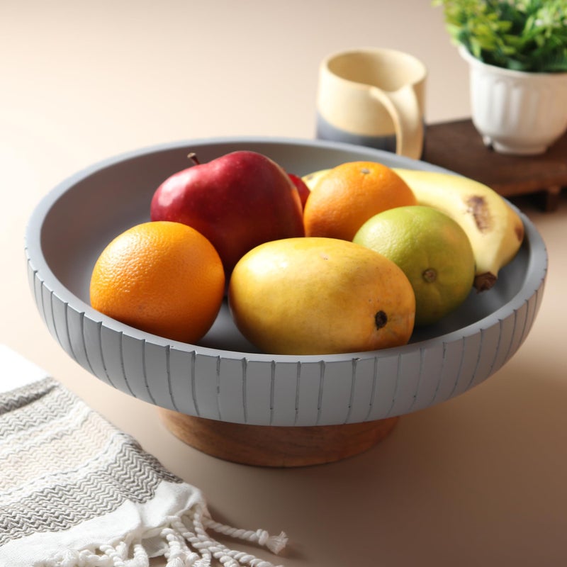 LAVAUK Mango Wood fruit bowl, Decorative gray bowl with natural finish pedestal | 12" dia | Dual tone look | Use as Centerpiece for kitchen counter or dining table | Wooden table decor|(Gray) - Image 3