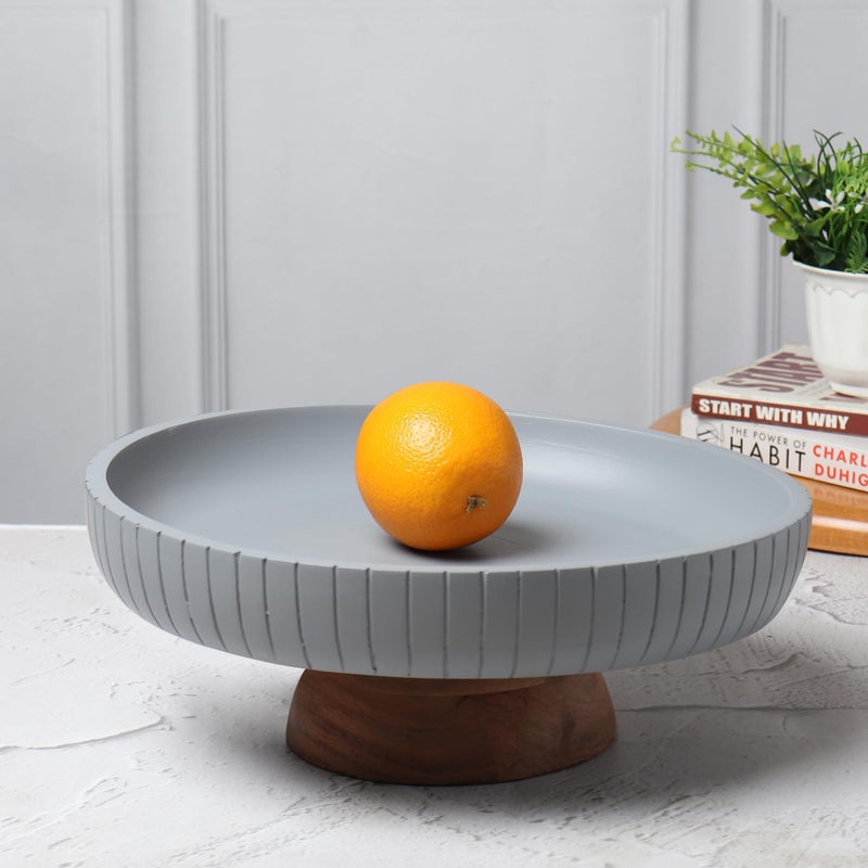 LAVAUK Mango Wood fruit bowl, Decorative gray bowl with natural finish pedestal | 12" dia | Dual tone look | Use as Centerpiece for kitchen counter or dining table | Wooden table decor|(Gray) - Image 5