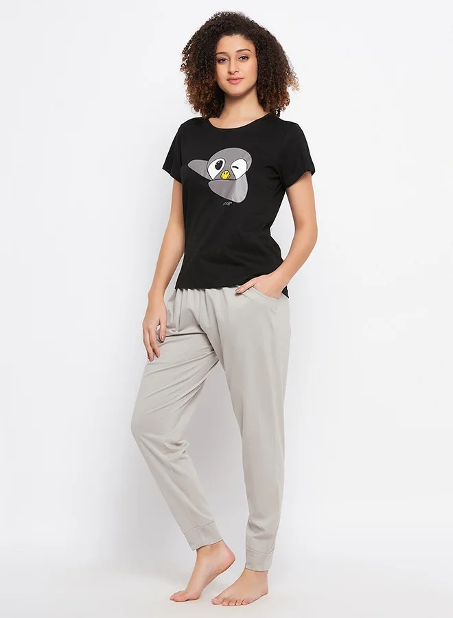Clovia Clovia Dab Penguin Print Top & Solid Jogger Set in Black - 100% Cotton