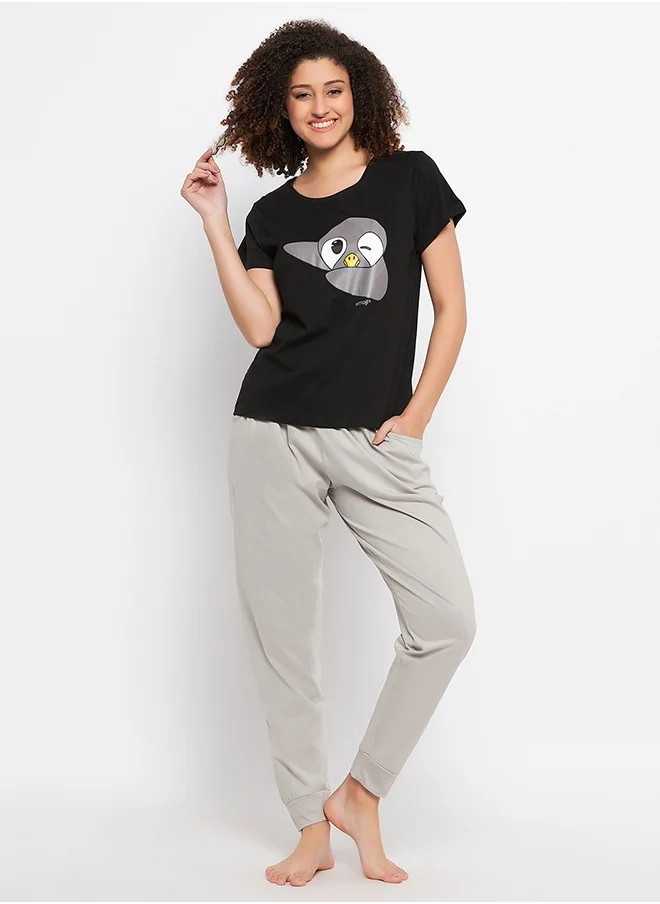 Clovia Clovia Dab Penguin Print Top & Solid Jogger Set in Black - 100% Cotton