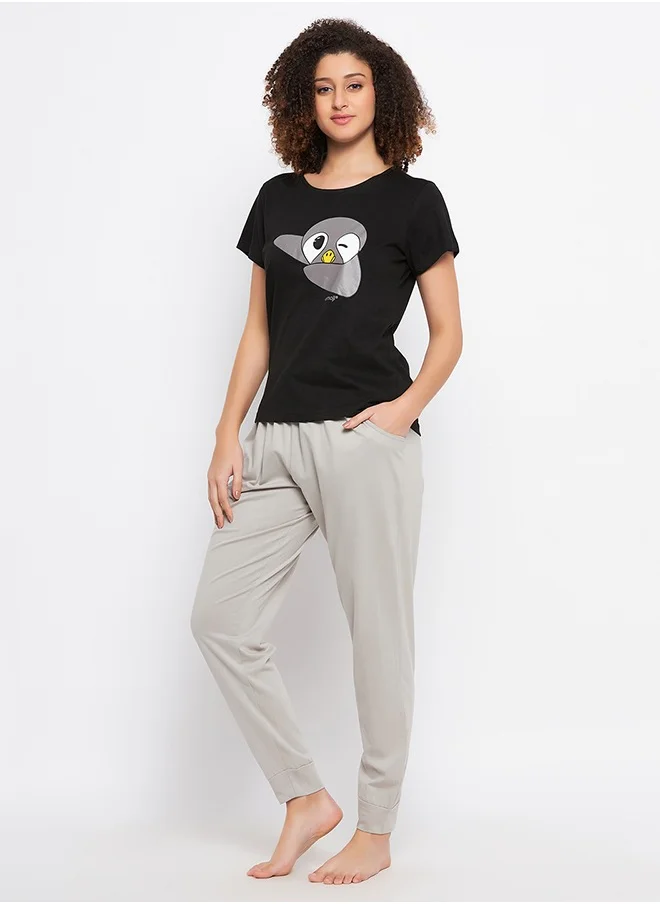 Clovia Clovia Dab Penguin Print Top & Solid Jogger Set in Black - 100% Cotton