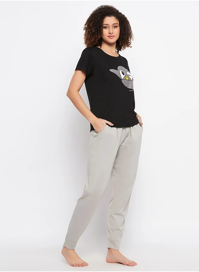 Clovia Clovia Dab Penguin Print Top & Solid Jogger Set in Black - 100% Cotton