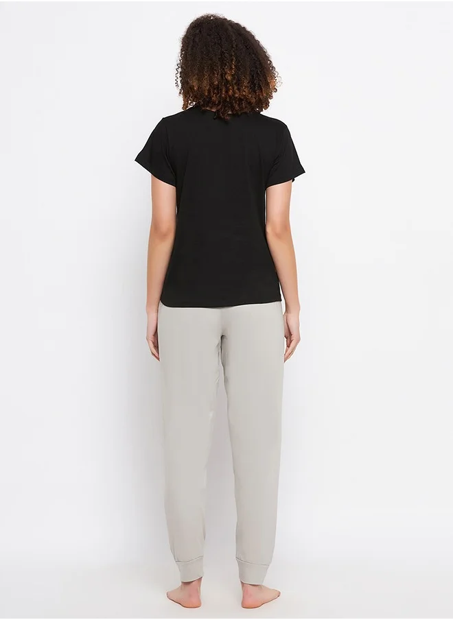 Clovia Clovia Dab Penguin Print Top & Solid Jogger Set in Black - 100% Cotton