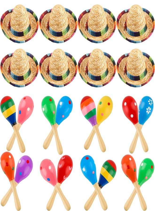 Fahacop 24 Pcs Mini Mexican Fiesta Sombrero Headband including 8 Pack Mexican Sombrero Hats Mexican Hat and 16 Pack Mini Wooden Maracas for Kids Dolls Pets - Image 1