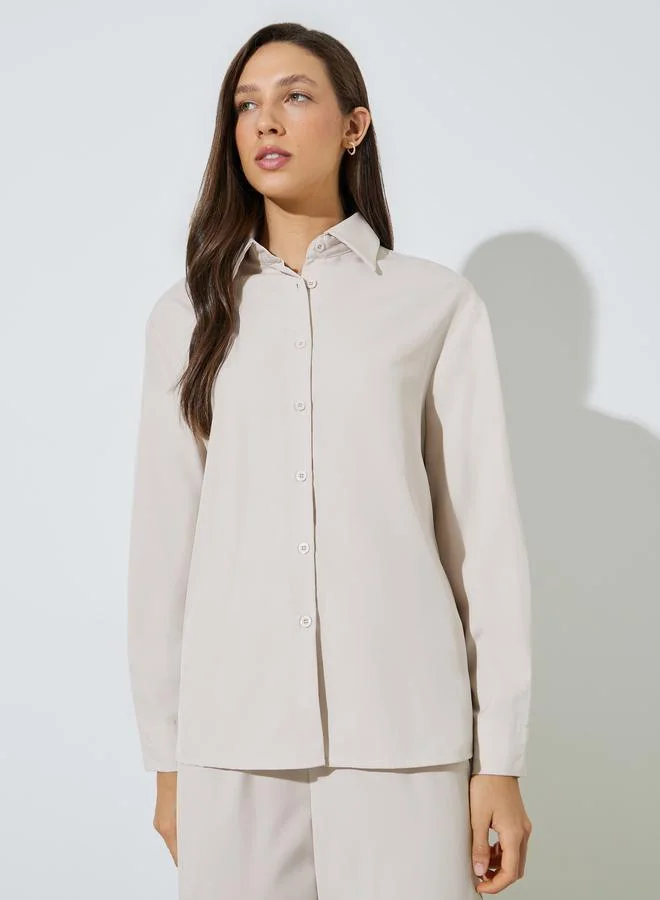 Styli Beige Solid Casual Shirt and Trousers Co-ord Set
