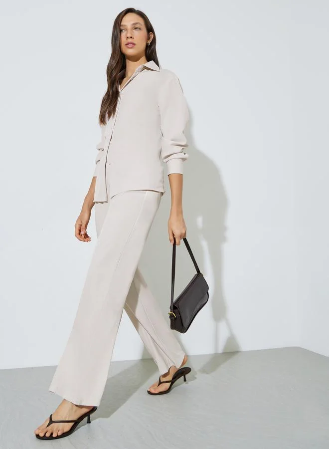 Styli Beige Solid Casual Shirt and Trousers Co-ord Set