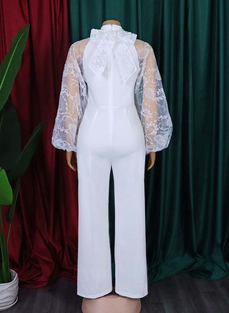 Loquat Lantern-sleeve Slim-fitting Wide-leg Jumpsuit White  - Image 2