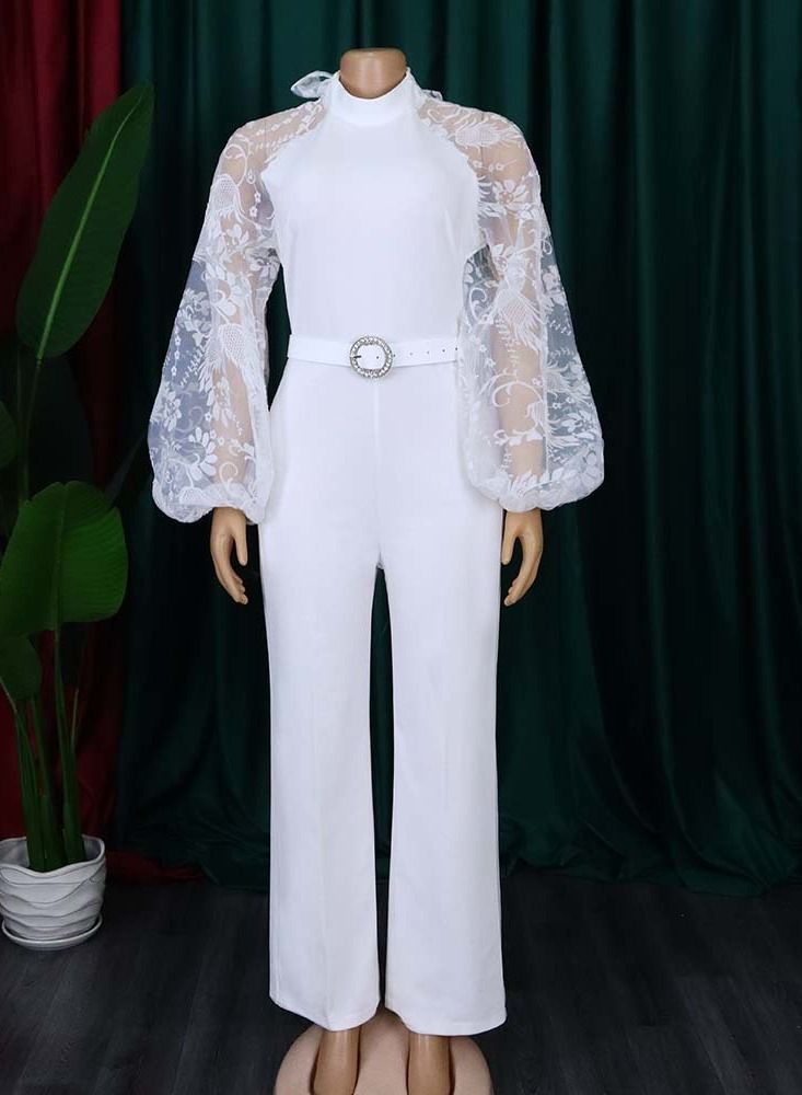 Loquat Lantern-sleeve Slim-fitting Wide-leg Jumpsuit White  - Image 1