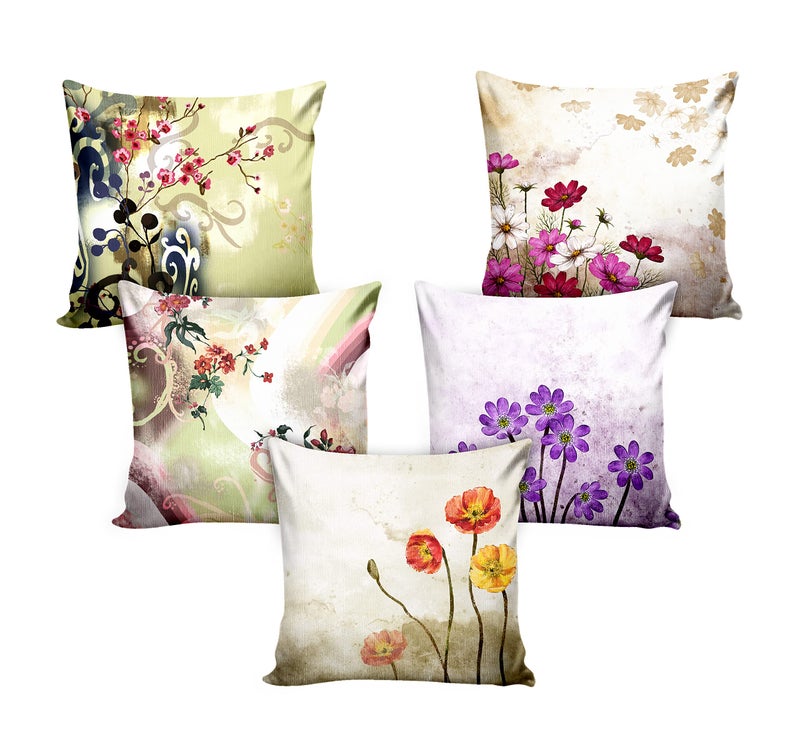 Ultimate Trends Premium Polyester Digital Modern Printed Cushion Cover For Living Room Couch Bed Single Sofa Set Of 5 (24 X 24 Inches, Floral Cream), 200 TC - Image 2