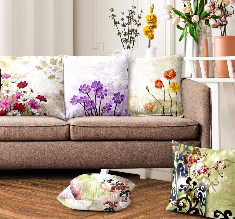 Ultimate Trends Premium Polyester Digital Modern Printed Cushion Cover For Living Room Couch Bed Single Sofa Set Of 5 (24 X 24 Inches, Floral Cream), 200 TC - Image 1