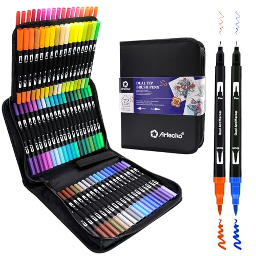 Artecho 72 Colors Markers for Adult Coloring Books, Dual Tip Markers for School, Fine and Brush Tip for Adults Coloring Books, Calligraphy, Drawing, Sketching - Image 1