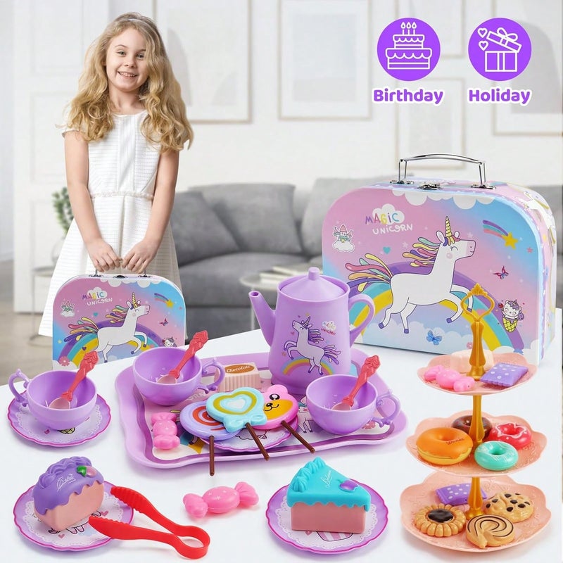 Unicorn Theme Little Girl Children's Tea Set Toy, With Storage Carrying Case, Includes Teapot, Cups, Desserts, Kitchen Toys, Princess Role Play Toddler Birthday Gift, Suitable For 3+ Years Old