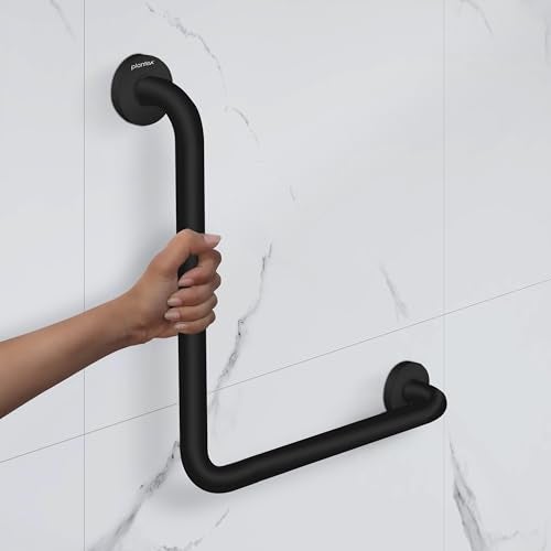 Plantex L-Shape Grab Bar for Toilet/Support Handle for Senior Citizen/Anti-Slip Shower Handrail - Stainless Steel, Pack of 1 (Black) - Image 1