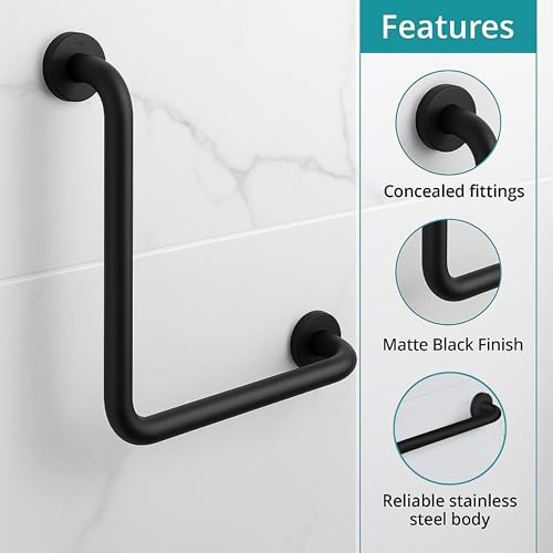 Plantex L-Shape Grab Bar for Toilet/Support Handle for Senior Citizen/Anti-Slip Shower Handrail - Stainless Steel, Pack of 1 (Black) - Image 2