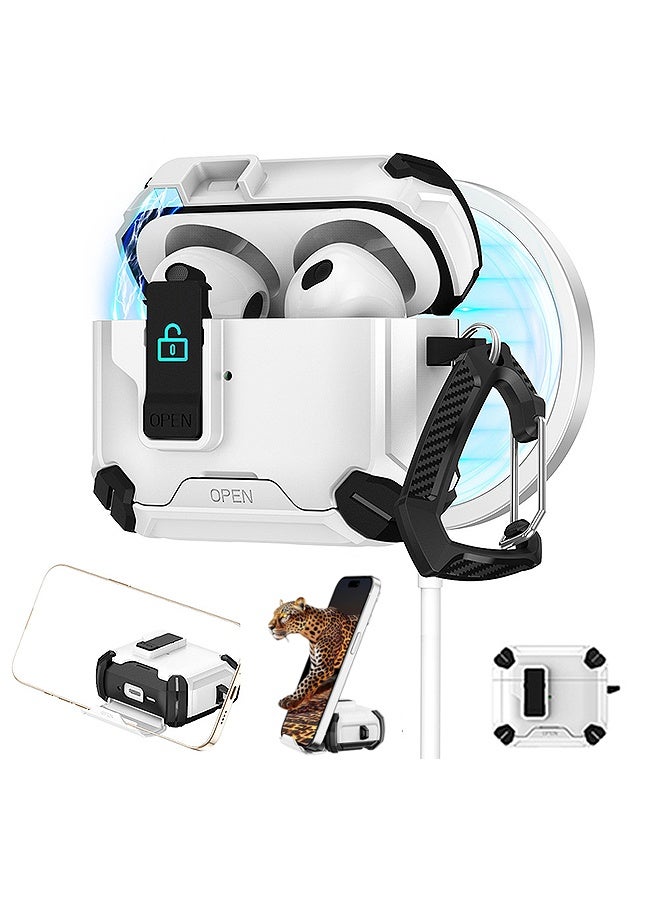 إم إكس إن غطاء حافظة AirPods 4 مع مجموعة أدوات التنظيف ووظيفة حامل الهاتف على شكل سلسلة مفاتيح وفتاحة البيرة، مفتاح كبس تلقائي آمن لحقيبة الشحن (أبيض) - Image 1