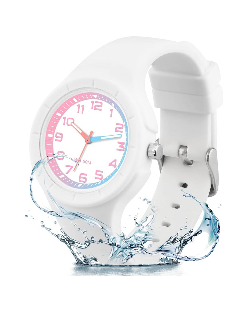 SYOSI Kids Analog Watch for Boys Girls Children Teens Learning Time and Easy to Read, Minimalist Color Matching Wrist Watch with Soft Band 50M Waterproof for Kids and Teens as Gift for Children 6-18 White - Image 1