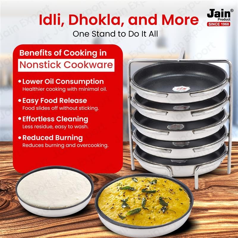 Jain Stainless Steel Non-Stick Thatte Idly Stand (Small Size) with 2 Plates Idly Maker & Dishes Like Dhokla | Plate Diameter - 14cm | Pack of 1 Silver Color (Stand Height 10 cm: Stand Width 15cm) - Image 3