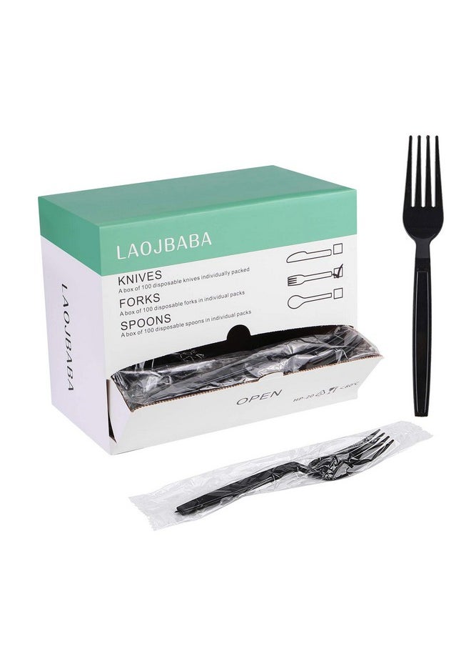 Laojbaba Laojbaba Plastic Fork Disposable Individually Wrapped/Packaged Black 7-Inch Commercial Take Away Super Hard Mass Heavy Forks 100 PCS  - Image 1