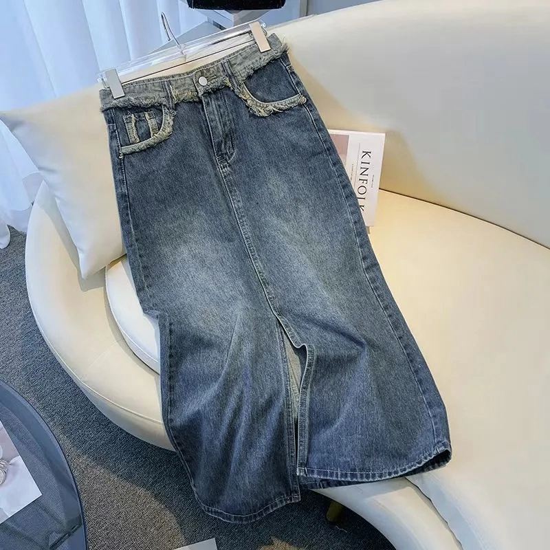 High Waist Denim Skirt Women'S Summer Thin Mid-Length A- Line Split Small Hip Skirt - Image 2