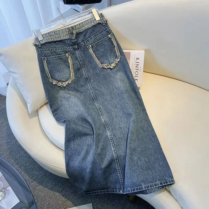High Waist Denim Skirt Women'S Summer Thin Mid-Length A- Line Split Small Hip Skirt - Image 3