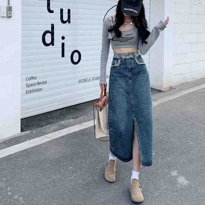 High Waist Denim Skirt Women'S Summer Thin Mid-Length A- Line Split Small Hip Skirt - Image 1