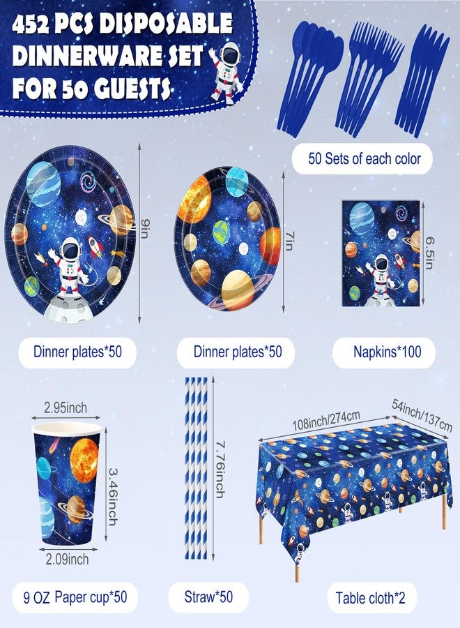 Potchen 452 Pcs Party Supplies Serve 50 Guests, Paper Plates Napkins Cups Cutlery Plastic Tablecloth Dinnerware for Birthday Wedding Party Decoration(Dark Blue, Space) - Image 2