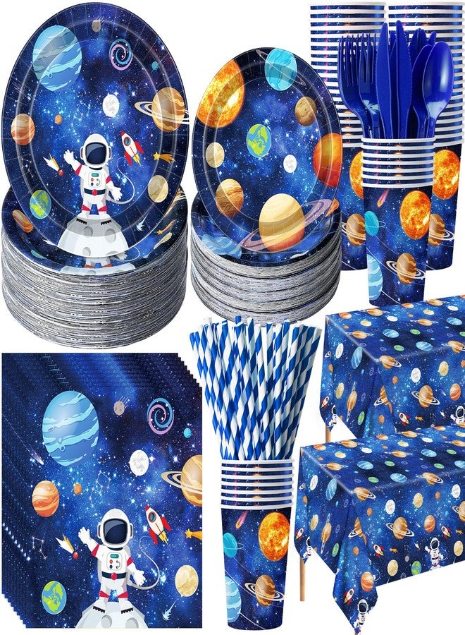 Potchen 452 Pcs Party Supplies Serve 50 Guests, Paper Plates Napkins Cups Cutlery Plastic Tablecloth Dinnerware for Birthday Wedding Party Decoration(Dark Blue, Space) - Image 1