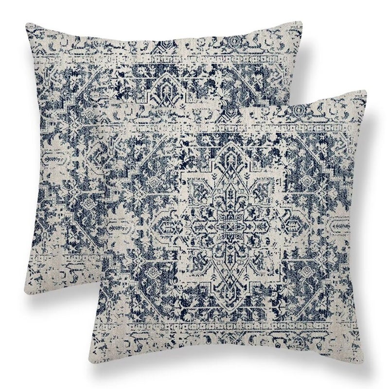 Sunshineyan Boho Pillow Covers 24x24 Set of 2  White Navy Blue Carpet Pattern Outdoor Decorative Throw Pillows Ethnic Rustic Farmhouse Cushion Cases Linen Gifts for Couch Sofa Decor - Image 1
