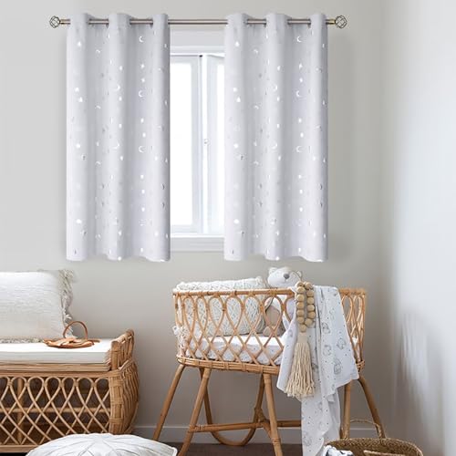 BGment Kids Curtains for Nursery, Short Star and Moon Room Darkening Curtains for Bedroom 45 Inch Long, Blackout Thermal Insulated Window Curtains for Boys Girls, Greyish White, 42 Wide, 2 Panels - Image 2