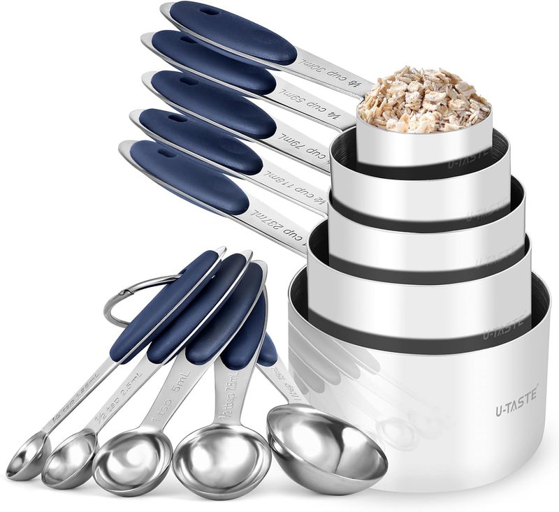 U-Taste Measuring Cups and Spoons Set: U-Taste 18/8 Stainless Steel 10 Pieces Metal Nesting Stacking Kitchen Baking Cooking Food Measure Set 5 Cups 5 Spoons for Dry and Liquid Ingredient (Midnight Blue) - Image 1