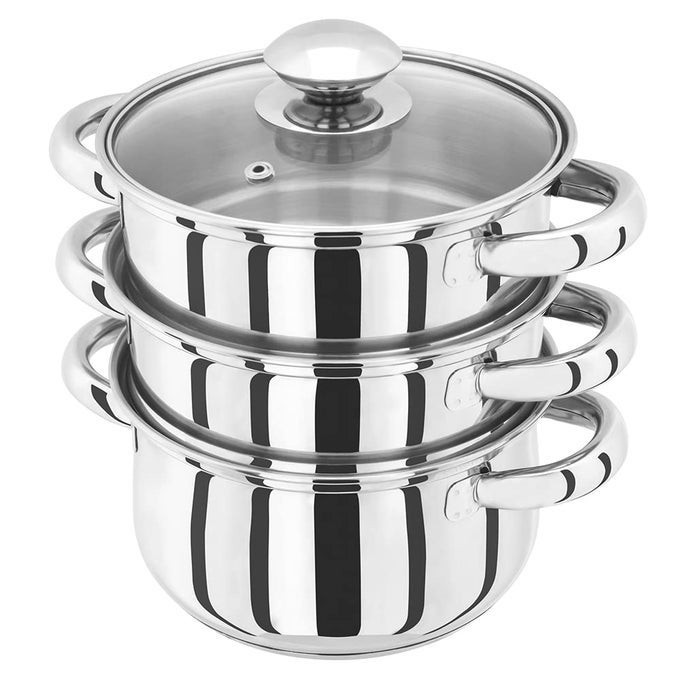ESSENTIALS STAINLESS STEEL 3 TIER STEAMER 16CM VENTED GLASS LID INTEGRAL CASSEROLE POT OVEN SAFE INDUCTION READY