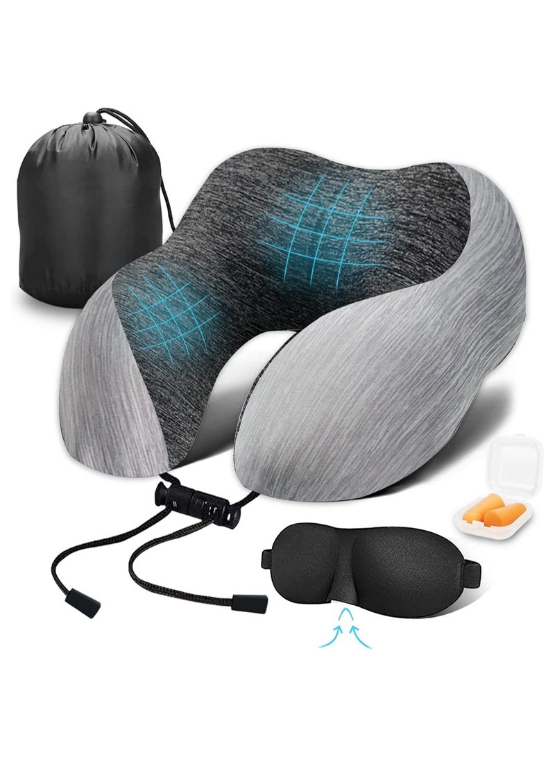 Travel Pillow 100% Memory Foam Pillow, Neck Pillow for Airplane, Neck & Head Support Pillow for Sleeping Rest & Car, Travel Pillows Kit with Storage Bag, Sleep Mask and Earplugs （Grey） - Image 1