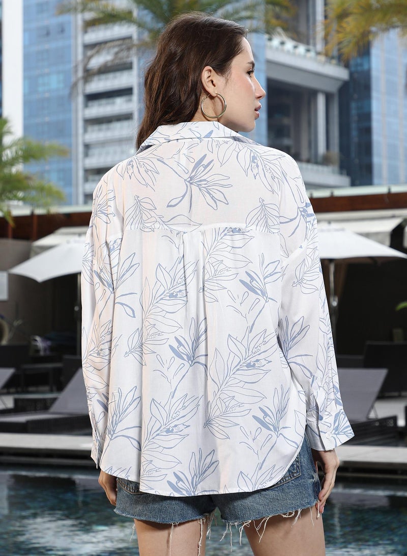 PINACOLADA Women's Icy Blue & Chalk White Petalia-Imprint Oversized Shirt - Image 5