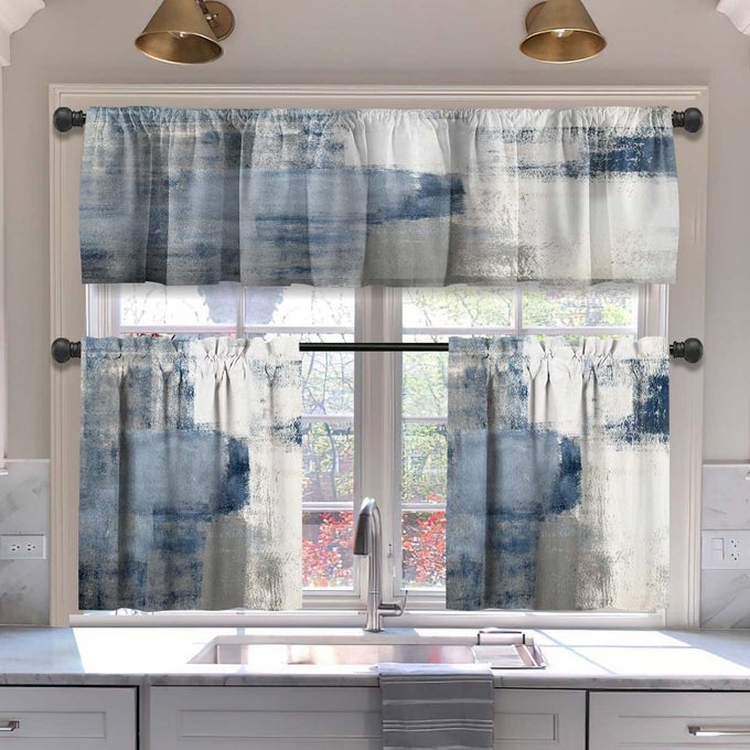 Blue Blackout Kitchen Curtains Tiers and Valances Set 3 Piece for Windows White and Grey Kitchen Window Curtains SetModern Abstract Art Valances for Living Room36 Tiers Set