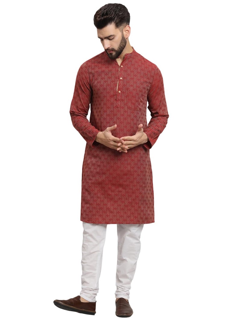 LATEST CHIKAN Men's Cotton Regular Striped Knee Lenght Kurta Full Sleeves - LK_+_R-42 Red, Regular Fit, XL - Image 1