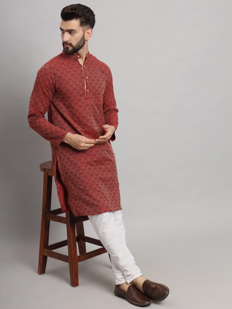 LATEST CHIKAN Men's Cotton Regular Striped Knee Lenght Kurta Full Sleeves - LK_+_R-42 Red, Regular Fit, XL - Image 2