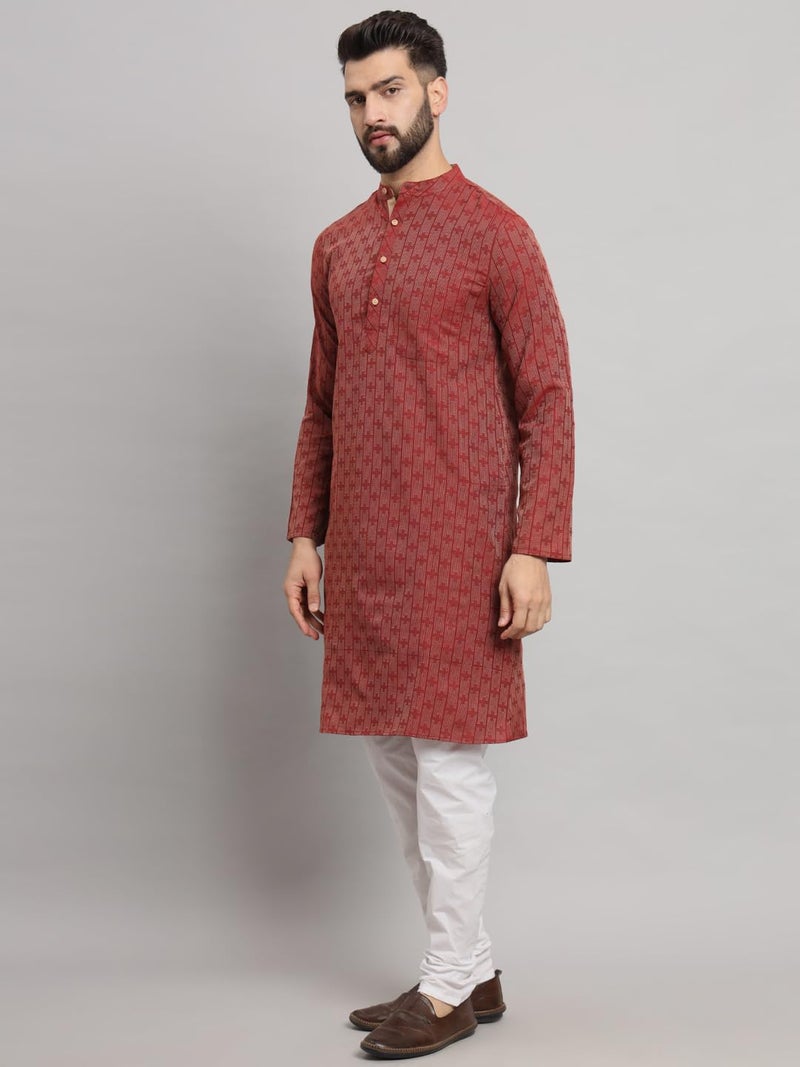 LATEST CHIKAN Men's Cotton Regular Striped Knee Lenght Kurta Full Sleeves - LK_+_R-42 Red, Regular Fit, XL - Image 4