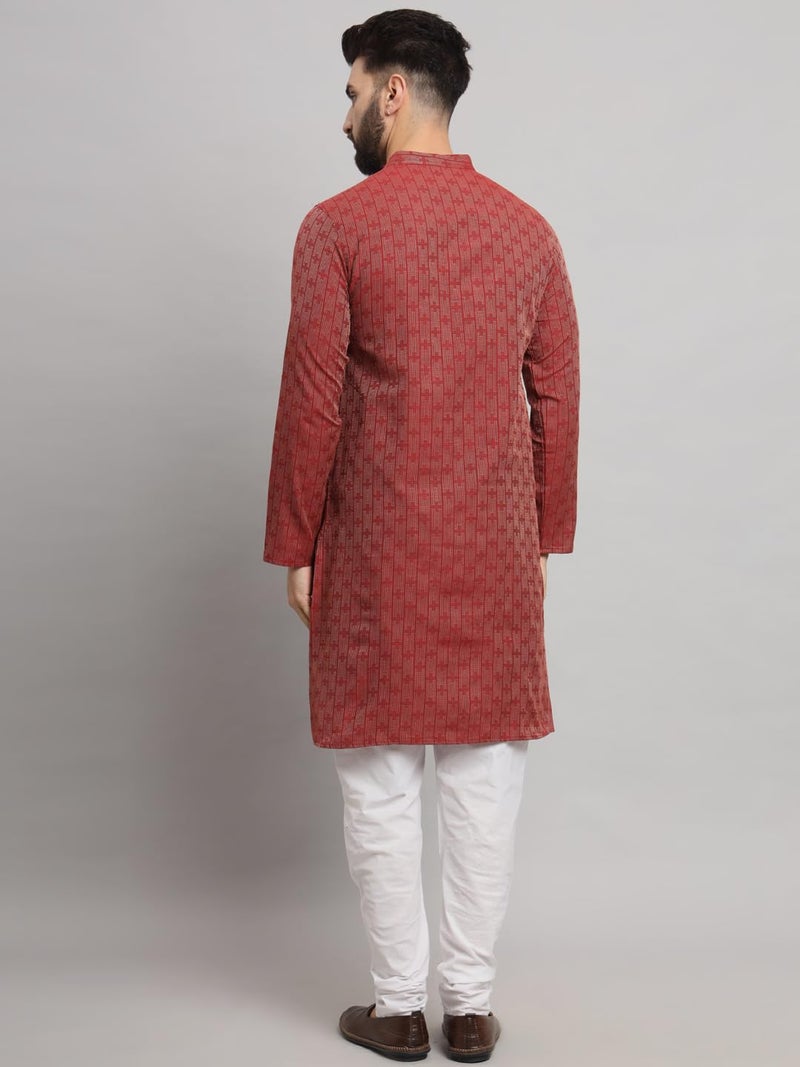 LATEST CHIKAN Men's Cotton Regular Striped Knee Lenght Kurta Full Sleeves - LK_+_R-42 Red, Regular Fit, XL - Image 5