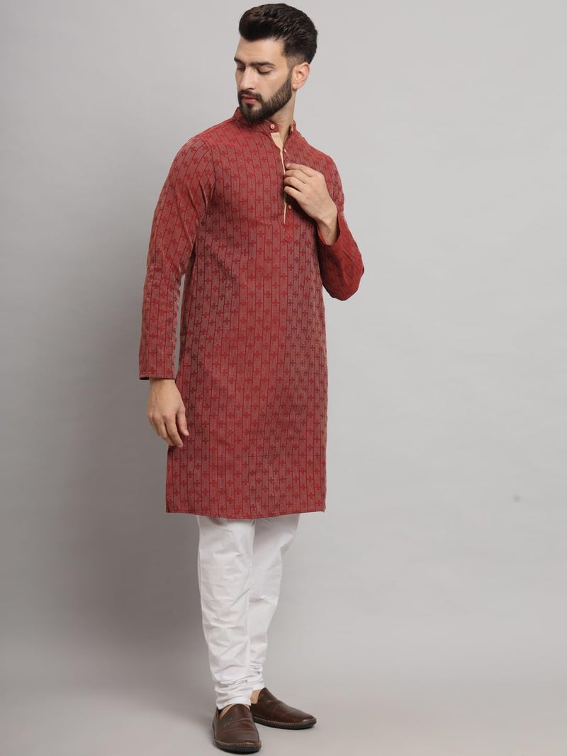 LATEST CHIKAN Men's Cotton Regular Striped Knee Lenght Kurta Full Sleeves - LK_+_R-42 Red, Regular Fit, XL - Image 3