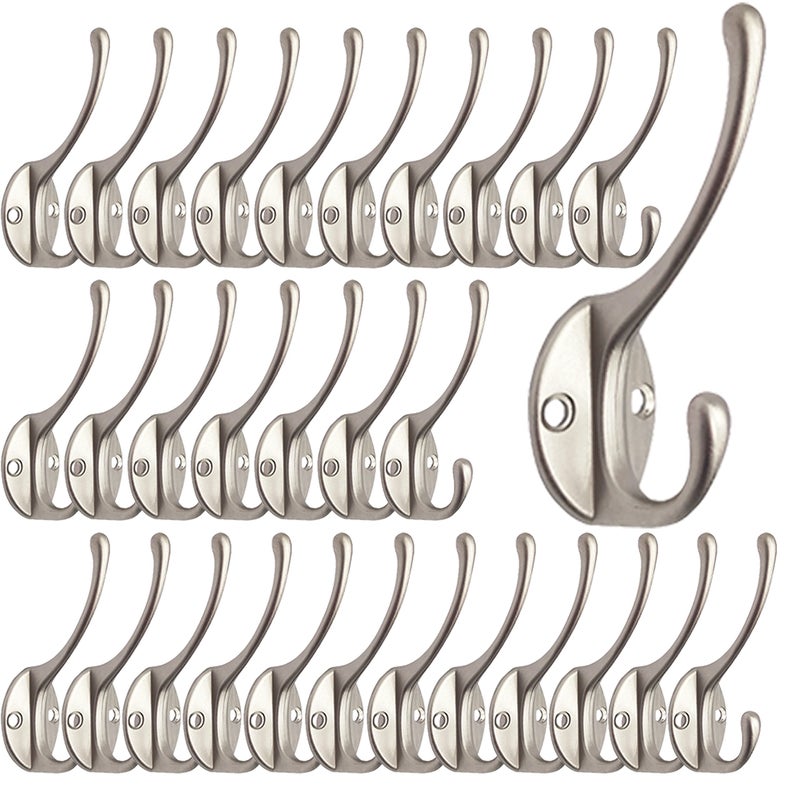 IBosins 30 Pack Heavy Duty Dual Coat Hooks Wall Mounted with 60 Screws Retro Double Hooks Utility Silvery Hooks for Coat Scarf Bag Towel Key Cap Cup Hat