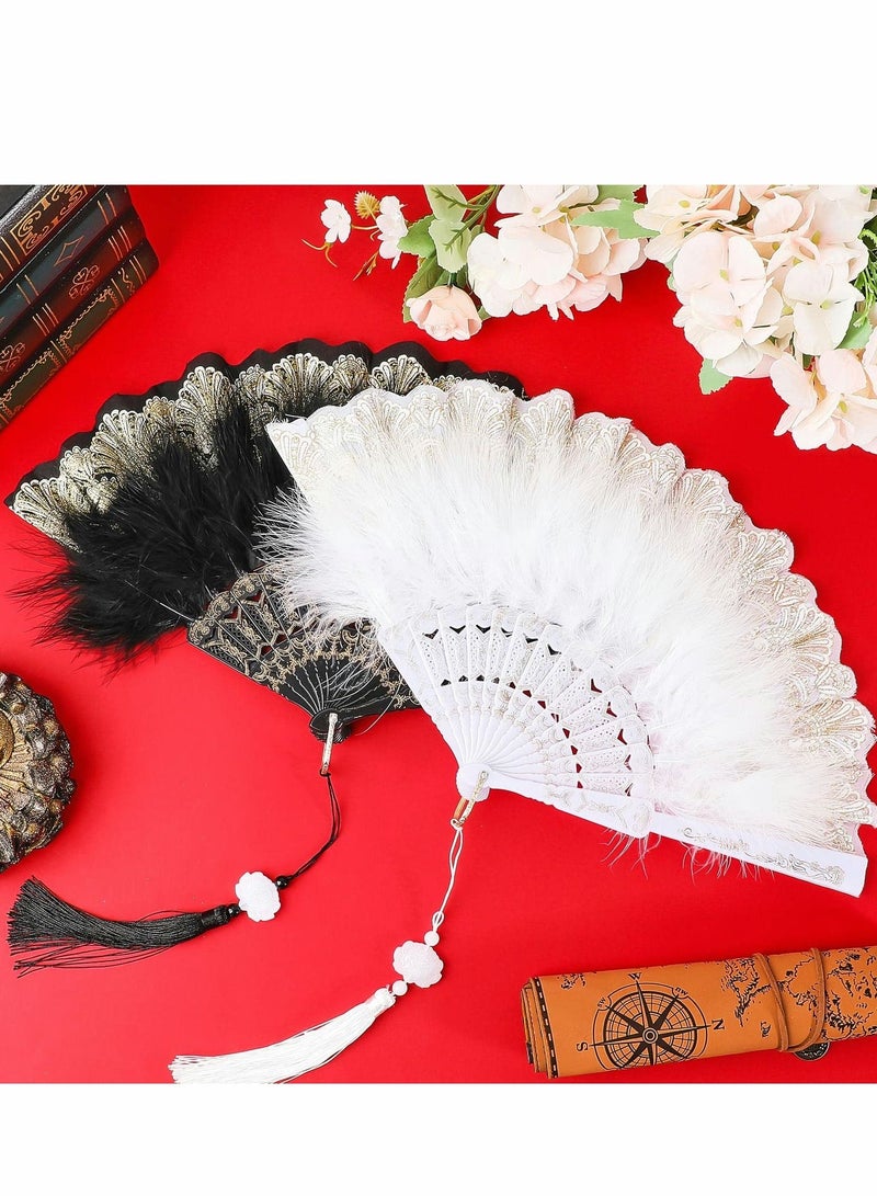 KASTWAVE Feather Hand Fan, 2 Pcs Folding Hand Fan Queen Fan for 20s Women Costume Party Dancing Photoshoot Wedding Decor (White, Black) - Image 5