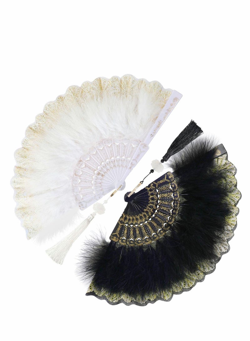 KASTWAVE Feather Hand Fan, 2 Pcs Folding Hand Fan Queen Fan for 20s Women Costume Party Dancing Photoshoot Wedding Decor (White, Black) - Image 1