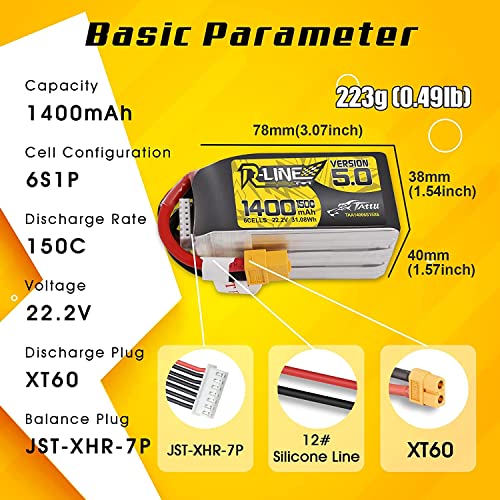 TATTU بطارية ليثيوم بوليمر TATTU R-Line الإصدار 5.0 6S 22.2V 150C 1400mAh مع موصل XT60 للسباقات - Image 2