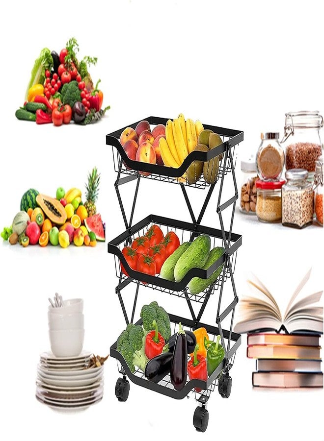 Cloyster Kitchen Storage Basket Fruit Basket Stacking Vegetable Storage Cart with Wheel Rolling Fruit Basket Snack Organizer Utility for Kitchen Bathroom Living Room (3 Tier) - Image 1