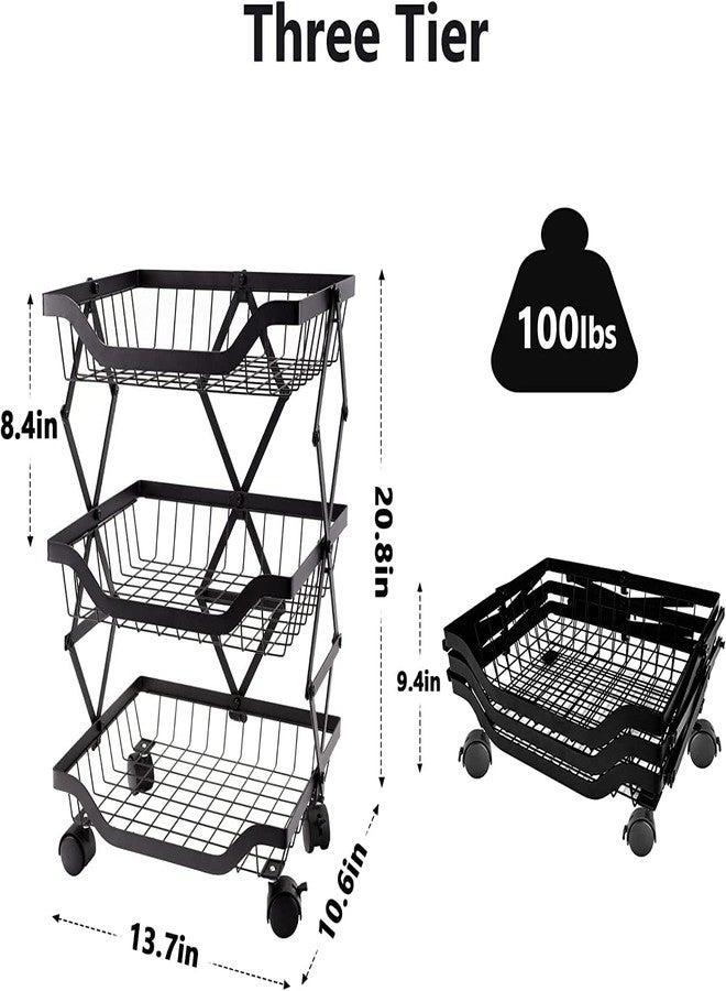 Cloyster Kitchen Storage Basket Fruit Basket Stacking Vegetable Storage Cart with Wheel Rolling Fruit Basket Snack Organizer Utility for Kitchen Bathroom Living Room (3 Tier) - Image 3