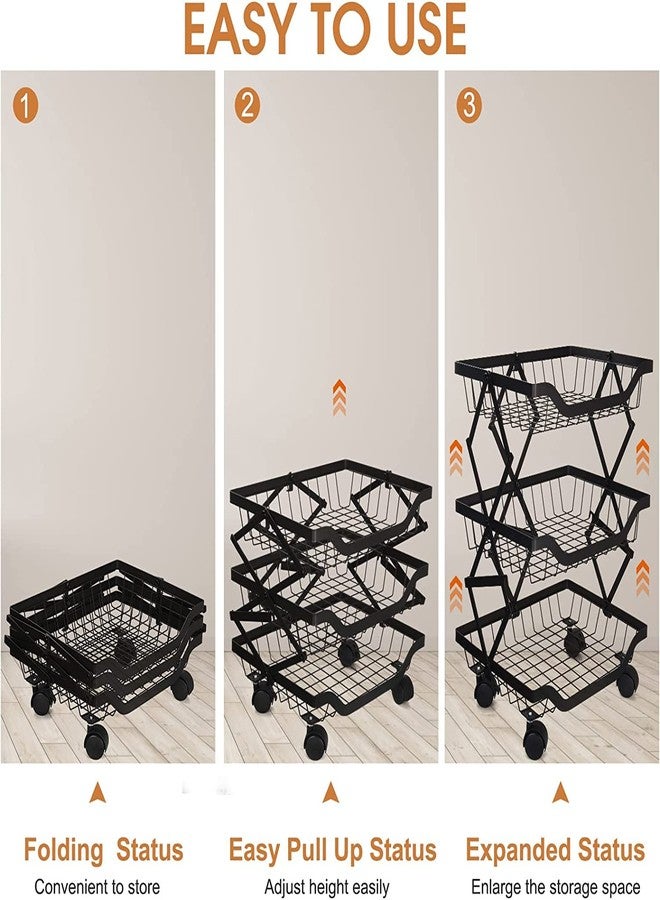 Cloyster Kitchen Storage Basket Fruit Basket Stacking Vegetable Storage Cart with Wheel Rolling Fruit Basket Snack Organizer Utility for Kitchen Bathroom Living Room (3 Tier) - Image 2