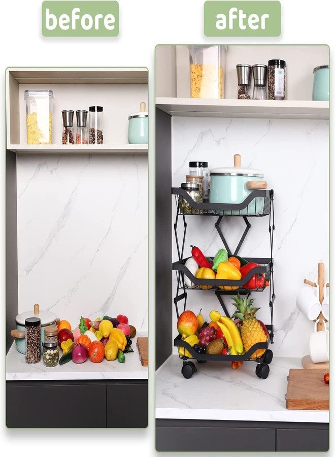 Cloyster Kitchen Storage Basket Fruit Basket Stacking Vegetable Storage Cart with Wheel Rolling Fruit Basket Snack Organizer Utility for Kitchen Bathroom Living Room (3 Tier) - Image 5