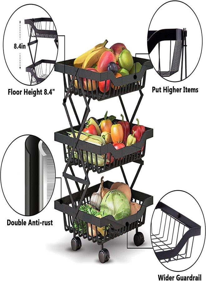 Cloyster Kitchen Storage Basket Fruit Basket Stacking Vegetable Storage Cart with Wheel Rolling Fruit Basket Snack Organizer Utility for Kitchen Bathroom Living Room (3 Tier) - Image 4