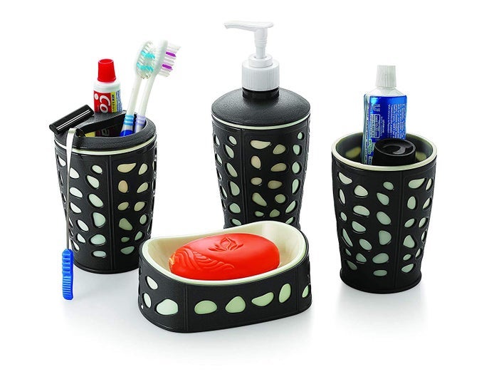 BATHROOM ACCESSORIES SET 4 PIECES BATH ENSEMBLE SET INCLUDE HAND LIQUID SOAP DISPENSERSOAP DISHTOOTHBRUSH PASTE HOLDER DUST BIN BATHROOM ACCESSORY SET FOR BATHROOM MULTICOLOR